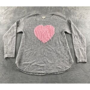 Cloth & Portrait Gray Ribbed Knit Sweater Pink Fuzzy Eyelash Heart Large